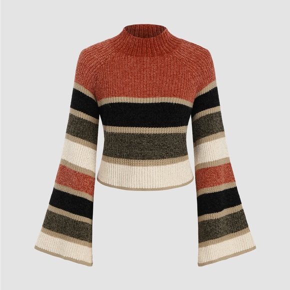 Cider Sweaters Cider Knit Stand Neck Stripe Bell Sleeve Crop Top Sweater Poshmark